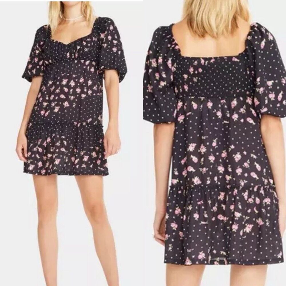 Betsey Johnson Rosy Dress Sz XL Floral Polka Dot Puff Sleeve Mini Black Smocked